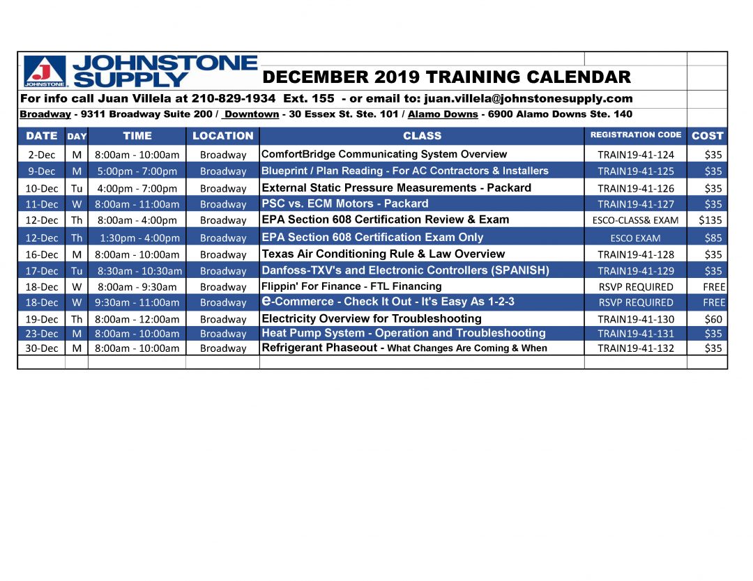 Johnstone Supply San Antonio Training Calendar Air Conditioning Today